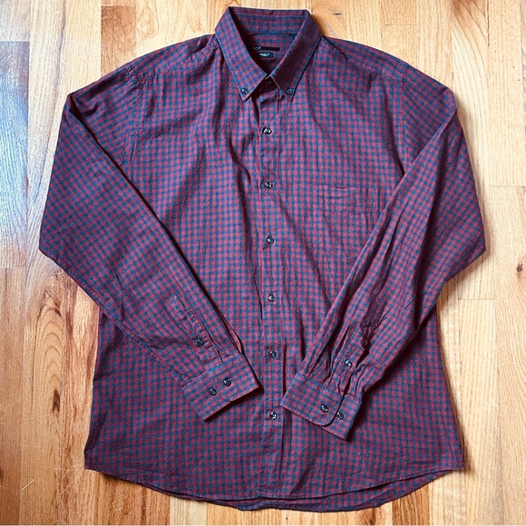 Scoop NYC Men’s Large Red Grey Check Long Sleeve Button Down Shirt Made in Italy - Picture 1 of 7